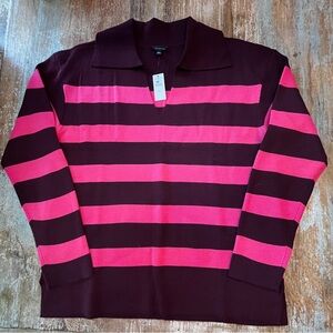 Talbots Pink and Marion Striped V-Neck, Collared Sweater - NWT